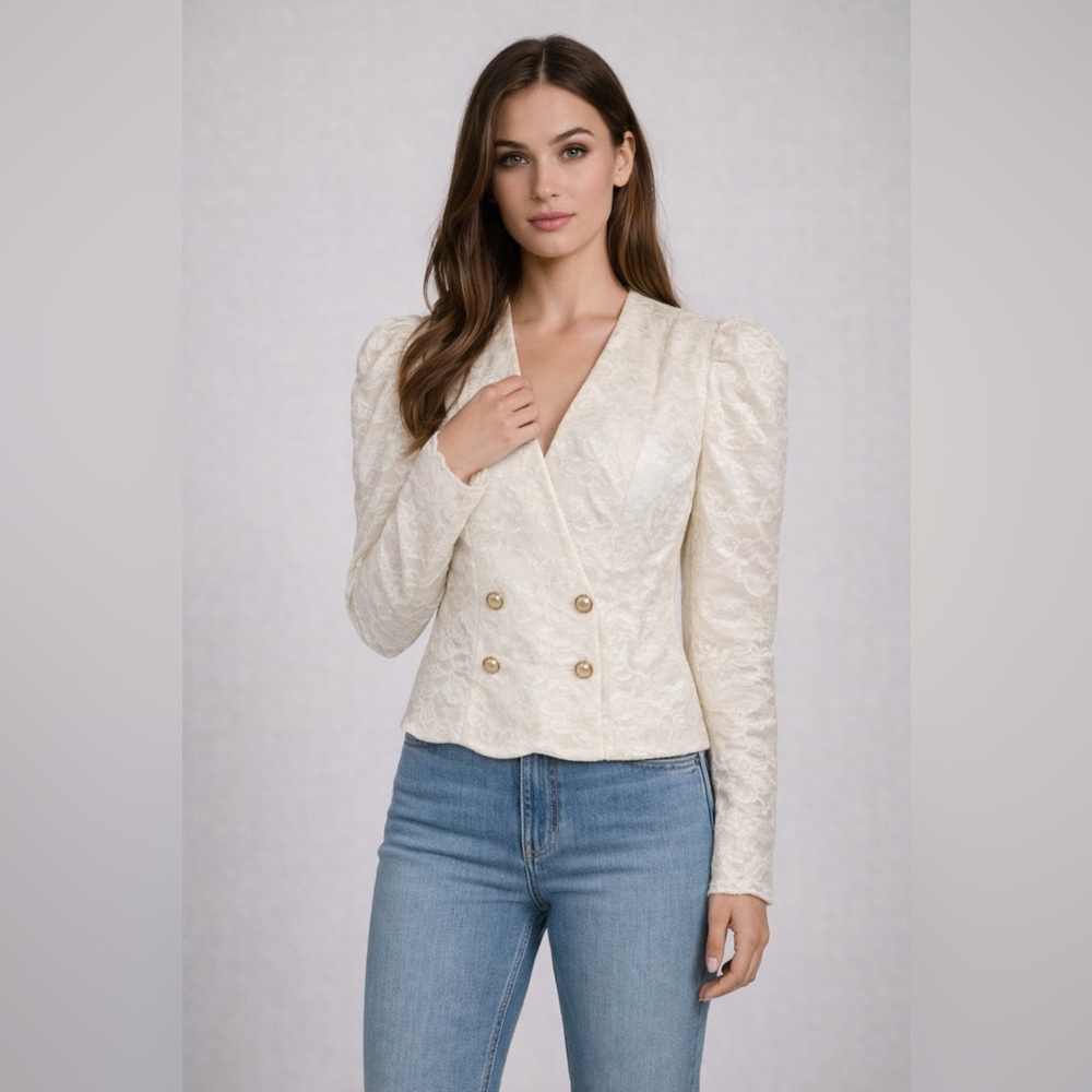 Vintage HW Collections Lace Puff Shoulder Blazer With‎ Faux Pearl Gold Buttons